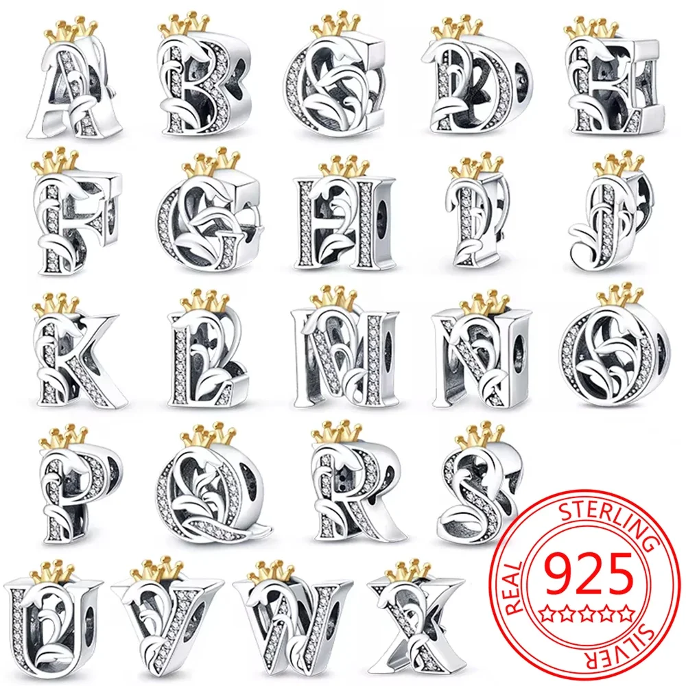 

925 Sterling Silver 26 Letter Gold Crown Letter Charm Beads Fit Pandora Silver Original Bracelet Fine DIY Jewelry Making Gift