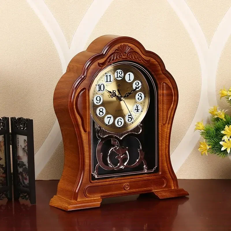 European Style Retro Living Room Household Clock Imitation Solid Wood Clock Table Clock Plastic Bedroom Silent Table Clock