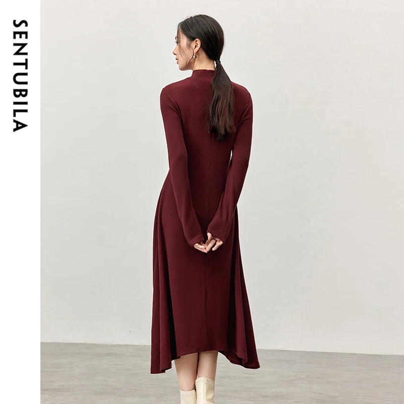 SENTUBILA Luxury Knitted Dresses for Women 2024 Autumn Winter Embroidery High Collar Long Sleeve Solid Dress Ladies 144L57405