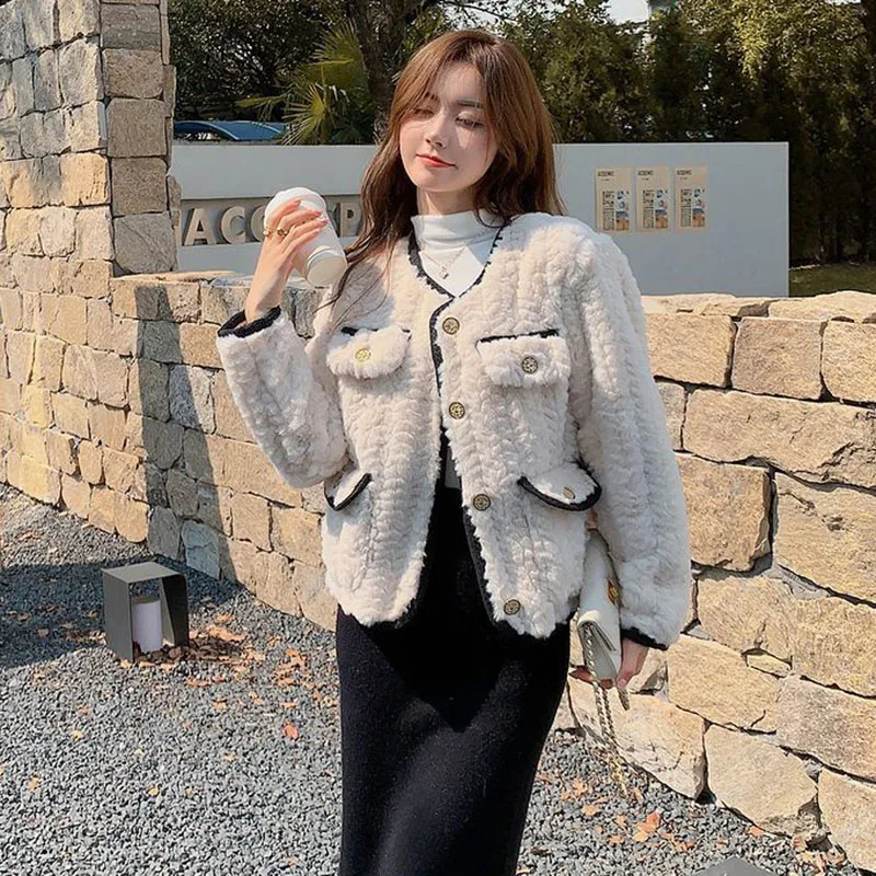 Lucyever Korean Chic White Lamb Wool Jacket Ladies Fashion Streetwear Warm Plush Outwear Women Autumn Winter New Faux Fur Coat