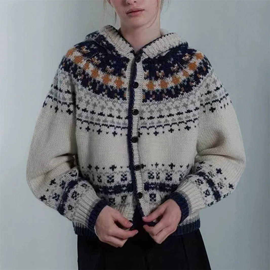 

Джемперы с принтом, вязаный свитер с капюшоном, женский однобортный кардиган, верхняя одежда, свободные пуговицы, повседневная осень 2025, легкая эластичность