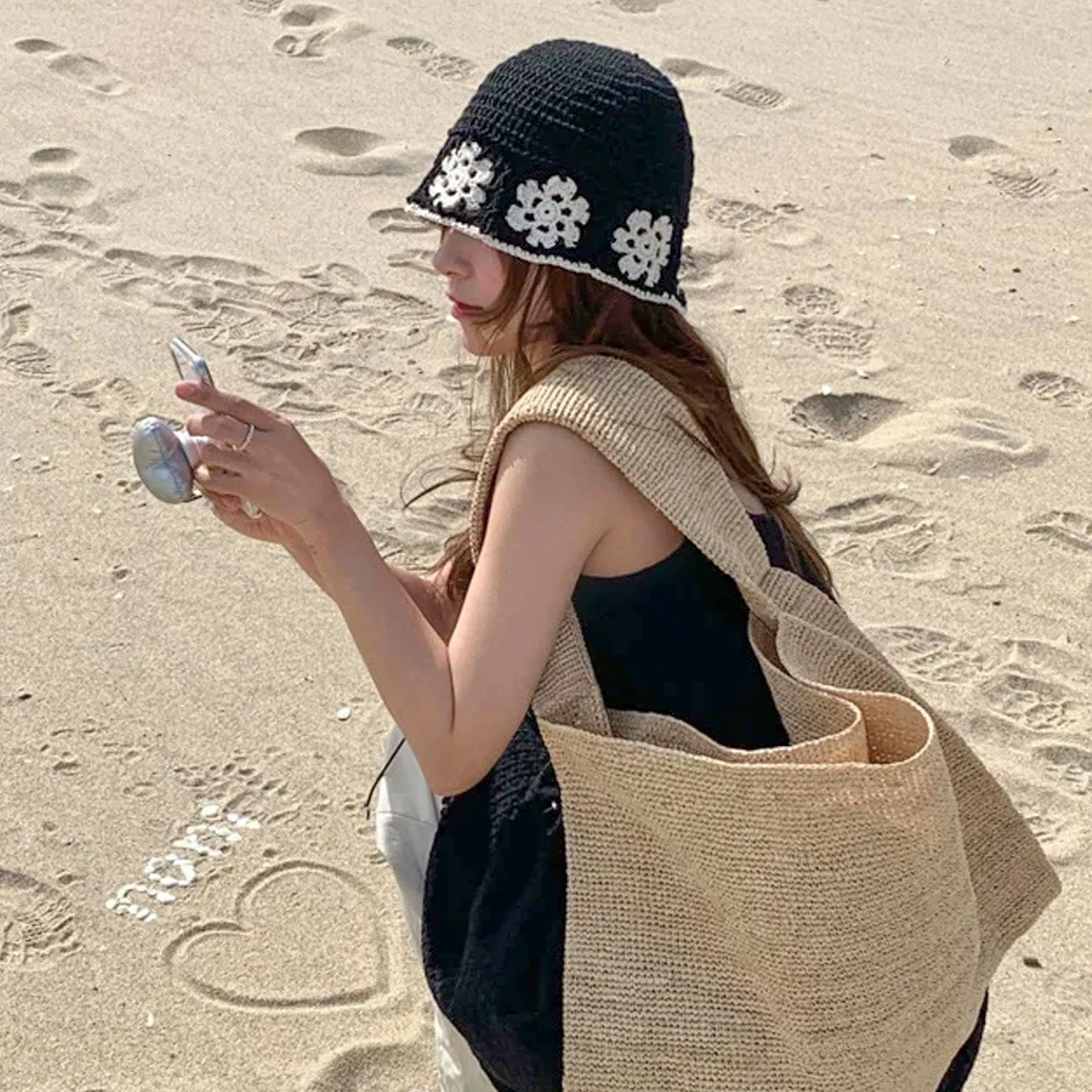 

Новая вязаная рыбацкая шляпа с цветочным принтом, дышащая анти-УФ-солнцезащитная кепка с тонкими широкими полями, пляжная кепка для путешествий на открытом воздухе