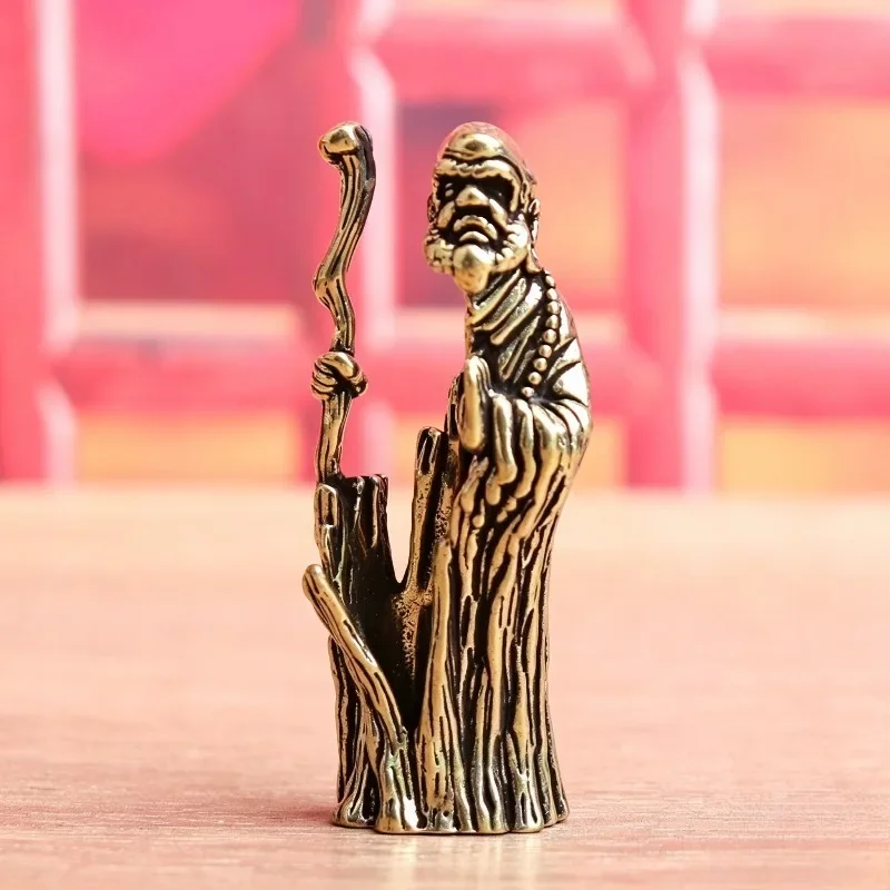 Vintage Brass Bodhidharma Figurine, Chinese Dharma Monk Statue with Zen Staff, Mini Desktop Ornament,  Decor Craft Gift