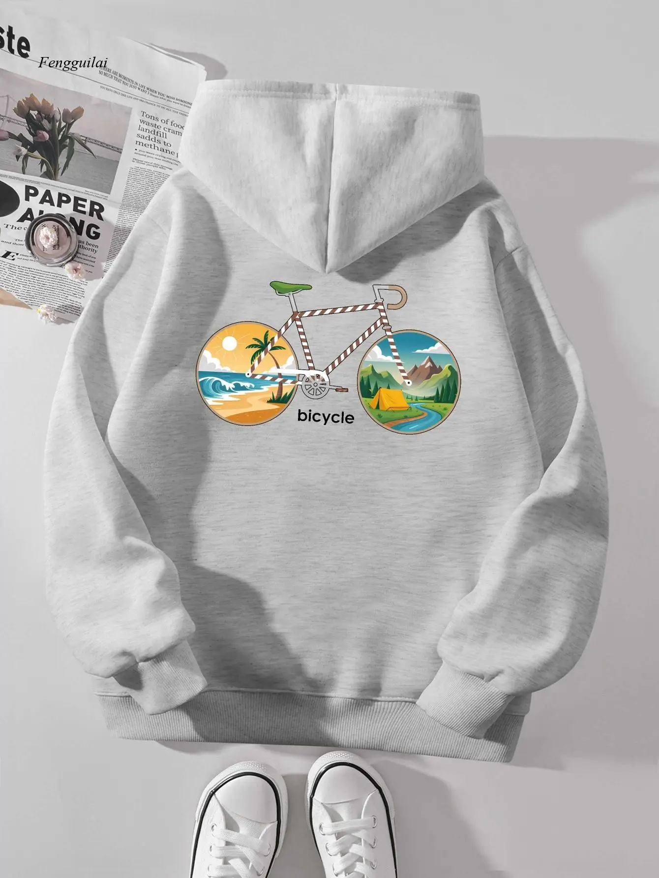 Tian Bicycle Travel Sweat-shirt de style décontracté grande taille pour femme |   Pull à capuche imprimé au dos, long automne et hiver