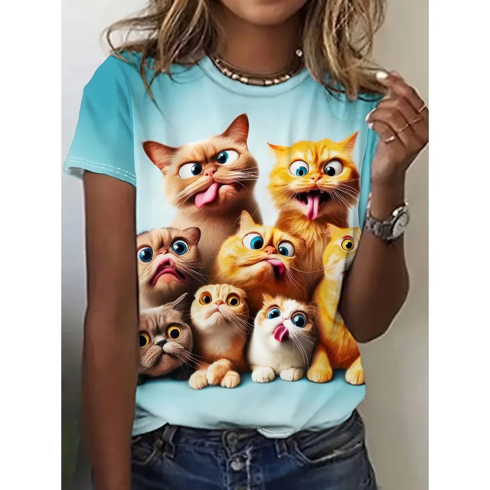 Hairy Cat Print O-neck Women's T-shirt Spring And Summer Short Sleeved Casual Top Lightweight Street Style Personalized T-shirt