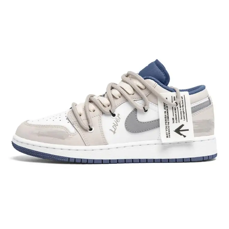 【Customize】Air Jordan 1 Vintage Basketball Shoes Men Low-top Grey/white Sneakers shoes 553558-414