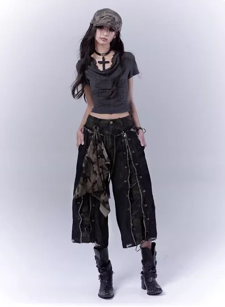 New Streetwear Harajuku Punk Gothic Hot Girl Black Denim Pants Hot Girl Workwear Camouflage Distressed Strap Seven Quarter Pants