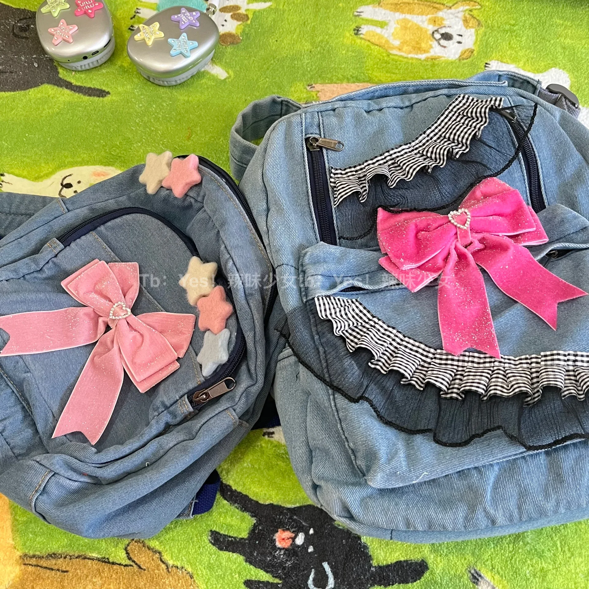 

2024 Fashion Denim Cool Girl Cute Backpack Y2k Rhinestone Bow Aesthetic Sweet Girl Teenager School Bag Mochilas Para Mujer