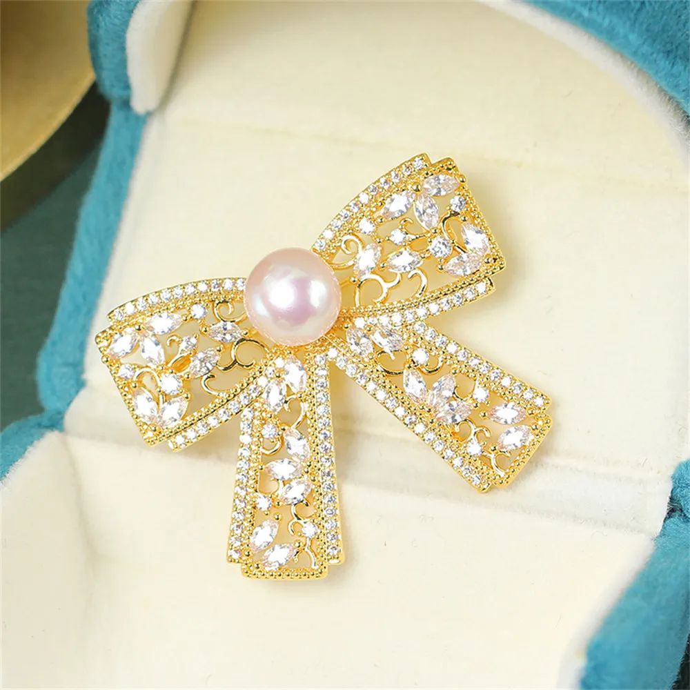 14k Gold Injection New Hollow Bow Pearl Brooch Fashionable Temperament Inlaid DIY Accessories Empty Holder