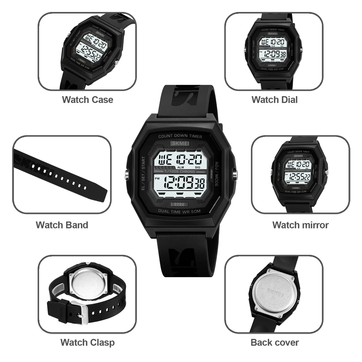 SKMEI Fashion Digital Sport Electronic Watches For Men Women 5Bar Waterproof Stopwatch Countdown Wristwatches Clock Reloj Hombre