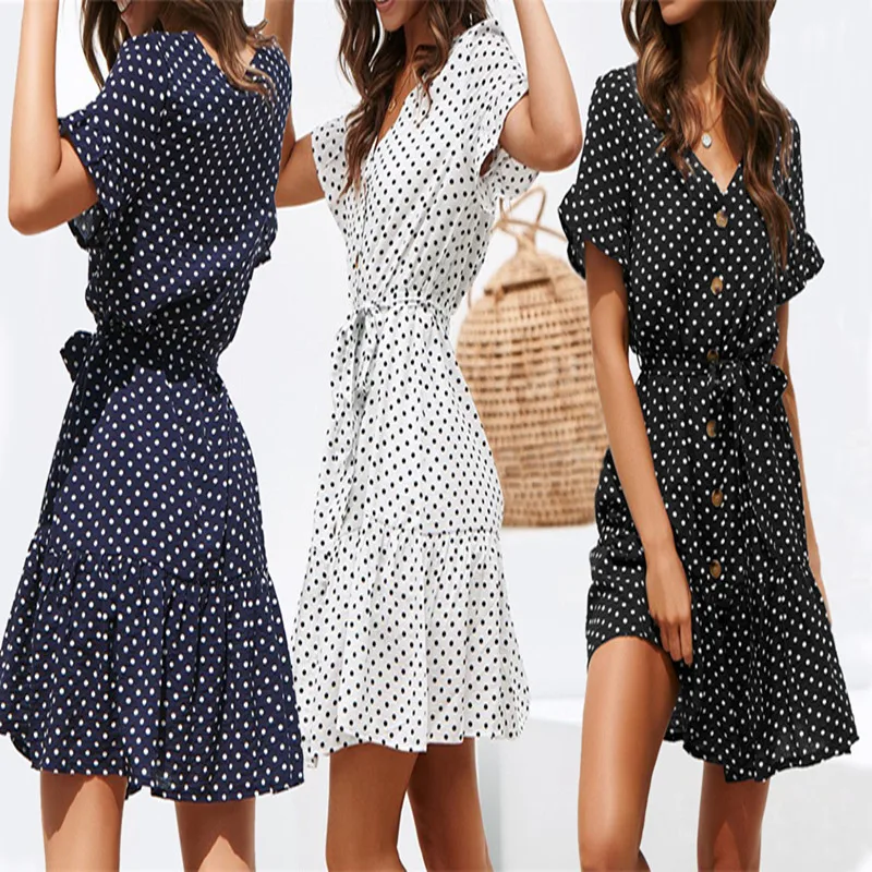 

Europe and The United States Hot Selling Women's Summer Polka Dot Print Loose Tie Belt Short-sleeved Ruffled Dresses Prom Dress