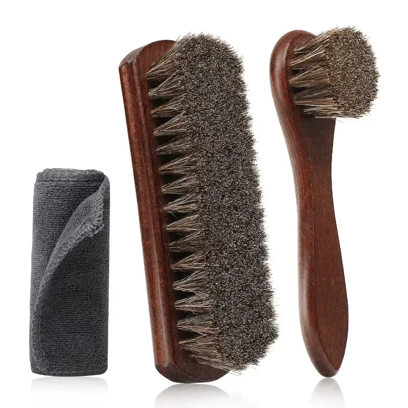 3pcs Horsehair Shoe Brush Kit with Beech Wood Handle for Leather and Suede Cleaning Soft Bristles with Microfiber Shoe Cloth