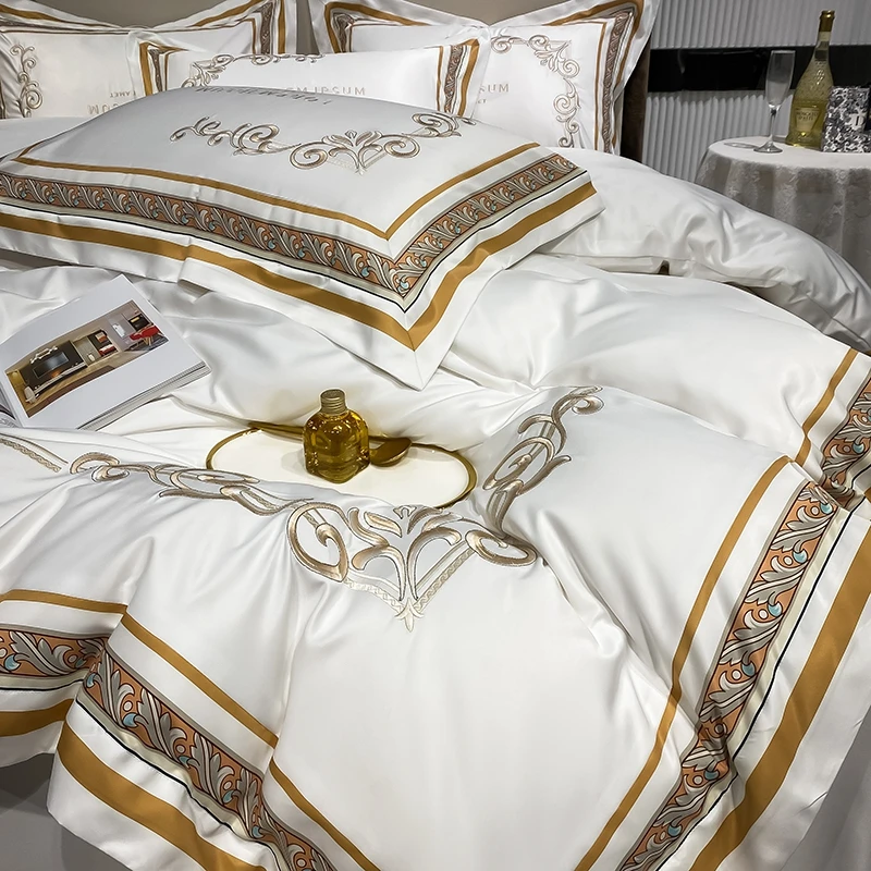 Imagem -03 - Borda Dourada Estilo Europeu Conjunto de Cama Bordada Luxo Branco Cetim Algodão Duvet Cover Lençóis Fronhas King e Queen Size