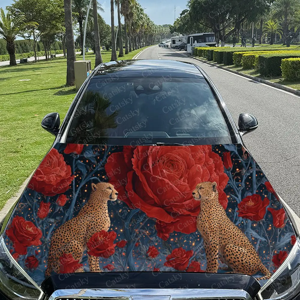 

Eye-Catching Romantic Cheetah & Rose Car Cover Sticker, Auto Hood Decal, Car Exterior Scratch Resistant Decal, Trendy Gift for C