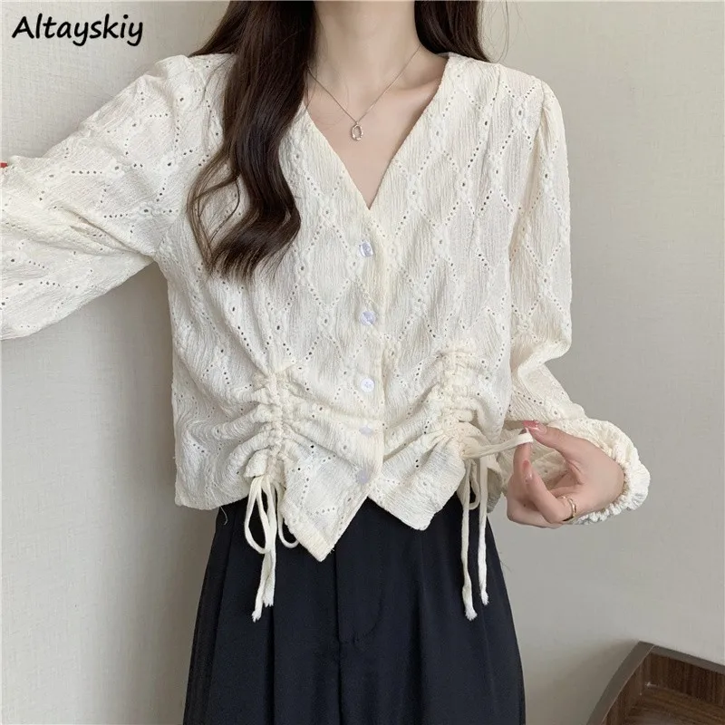 

V-neck Casual Shirts Women Designed Shirring Fashion Temperament New 2024 Minimalist Pleated Streetwear Vintage French Style