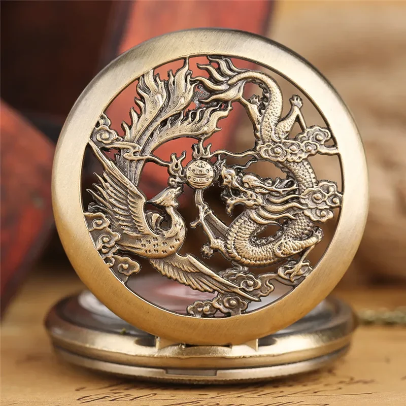 Old Fashion Pocket Watch with Hollow Dragon Phoenix Pattern Quartz Analog Display Arabic Numeral Sweater Necklace Chain Reloj