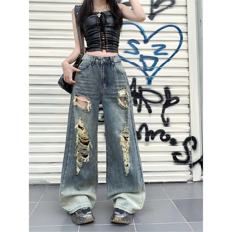 

Women's Broken Hole Vintage Gradient Straight Jeans Personalized Trousers Cool Girl Casual Bottoms Female Street Denim Pants