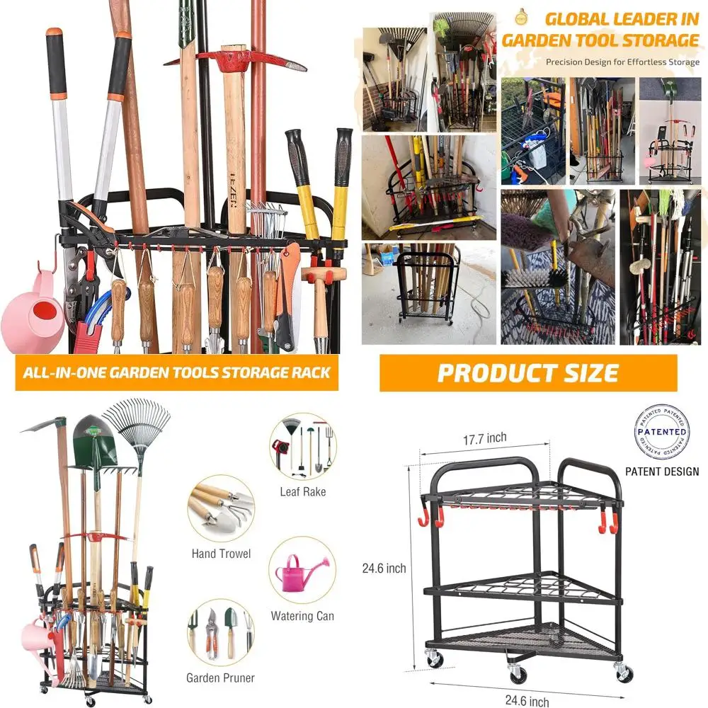 

Black Rolling Garden Shed Organizer with Wheels and Hooks, Storage Rack for Tools, Durable Steel
