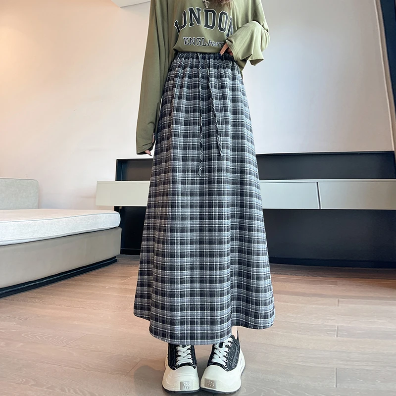 

Women Plaid Midi Skirt Retro Autumn High Waist Drawstring Casual A Line Mid Length Umbrella Skirt