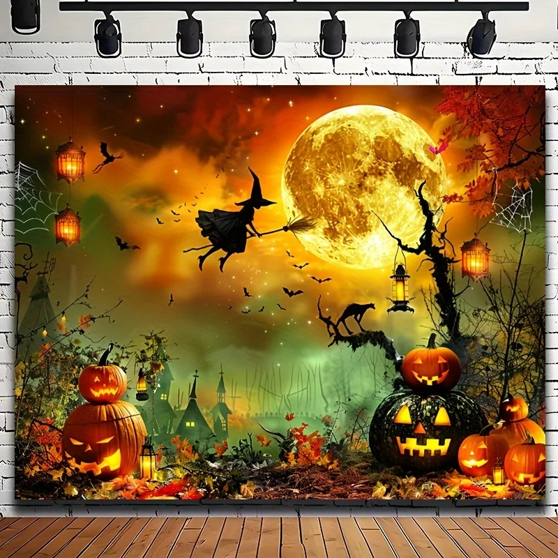 Ein Stück Polyester-Hintergrundtuch für Herbst-Halloween, mit Kürbis, Totenkopf, Laterne und Spinnennetz-Design