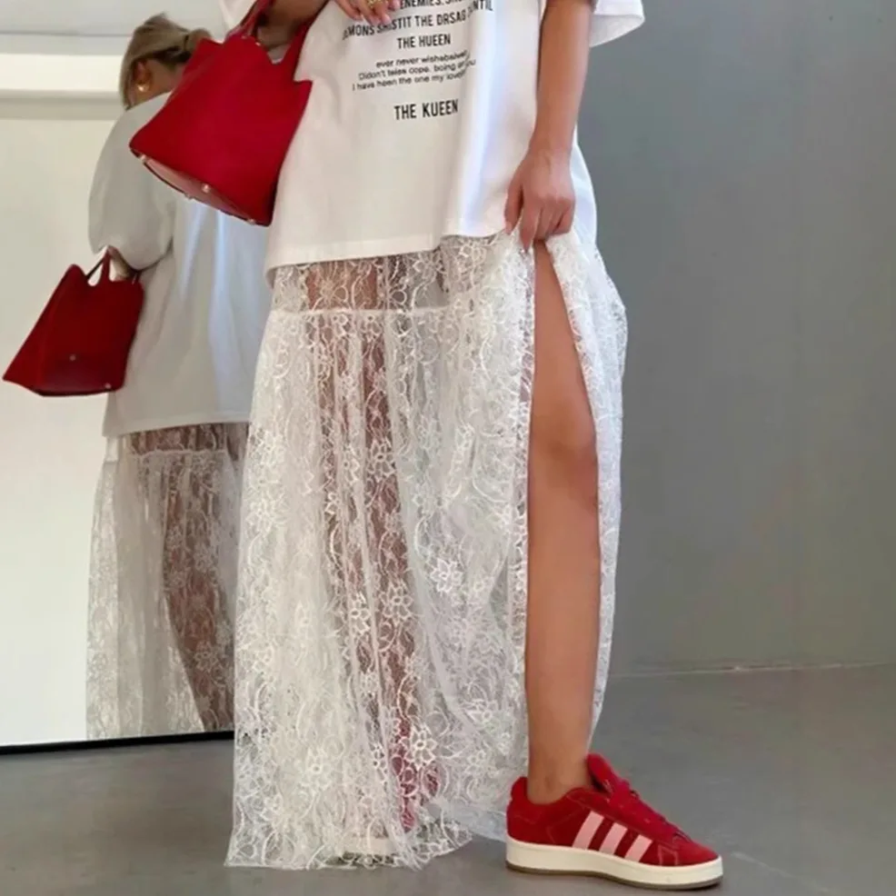 Lace Jacquard Autumn Women's Skirt White Hollow Out High Waist Lady's A-Line Skirt Instagram-Style Minimalist Skirt For Female