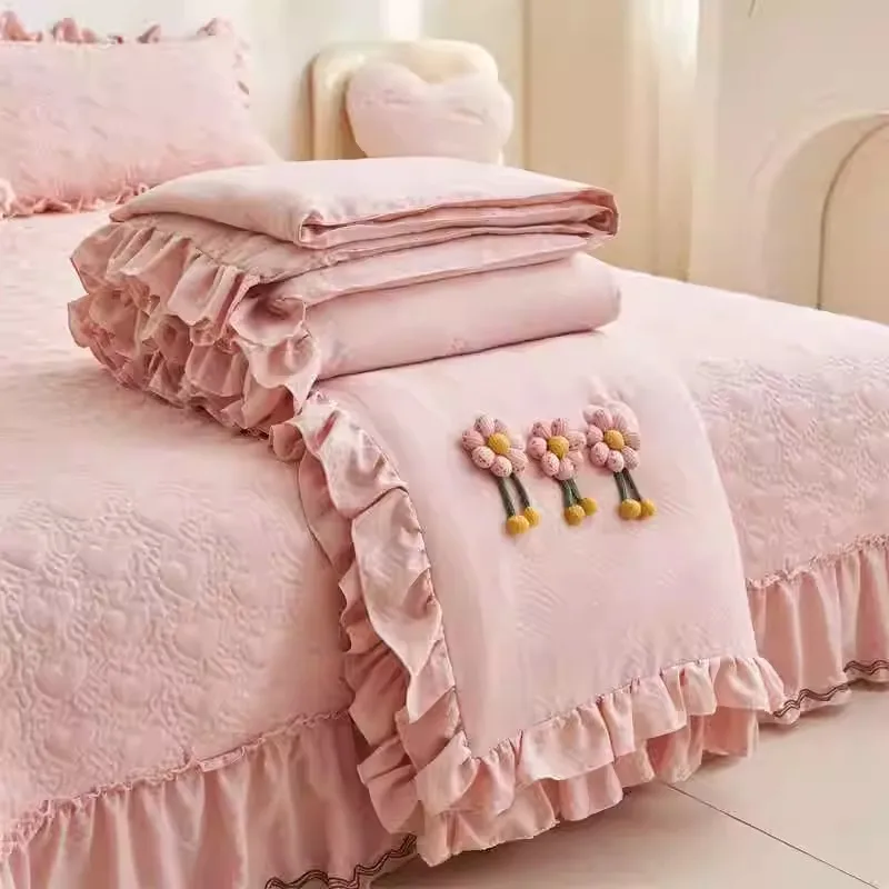 Princess Lace Style Summer Quilt Set 4pcs Quilted Bedspread on The Bed Korean Padded Blanket Coverlet Cubrecam Bed Cover Colcha