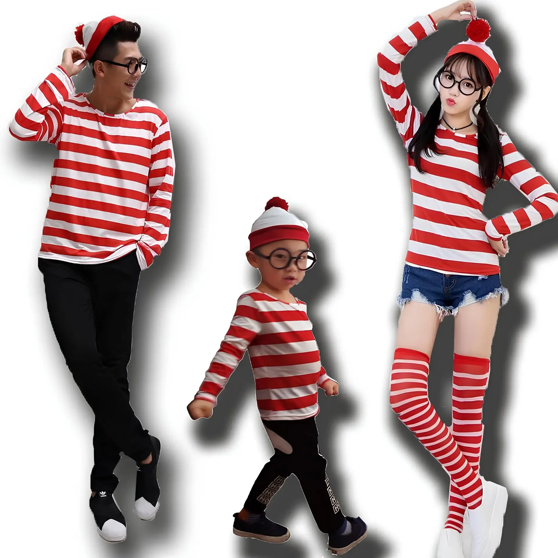 Christmas Wheres Waldo Family Wally Cosplay Costume Short Sleeves Glasses and Hat Socks Kids Adults Halloween  Cosplay Costume 0