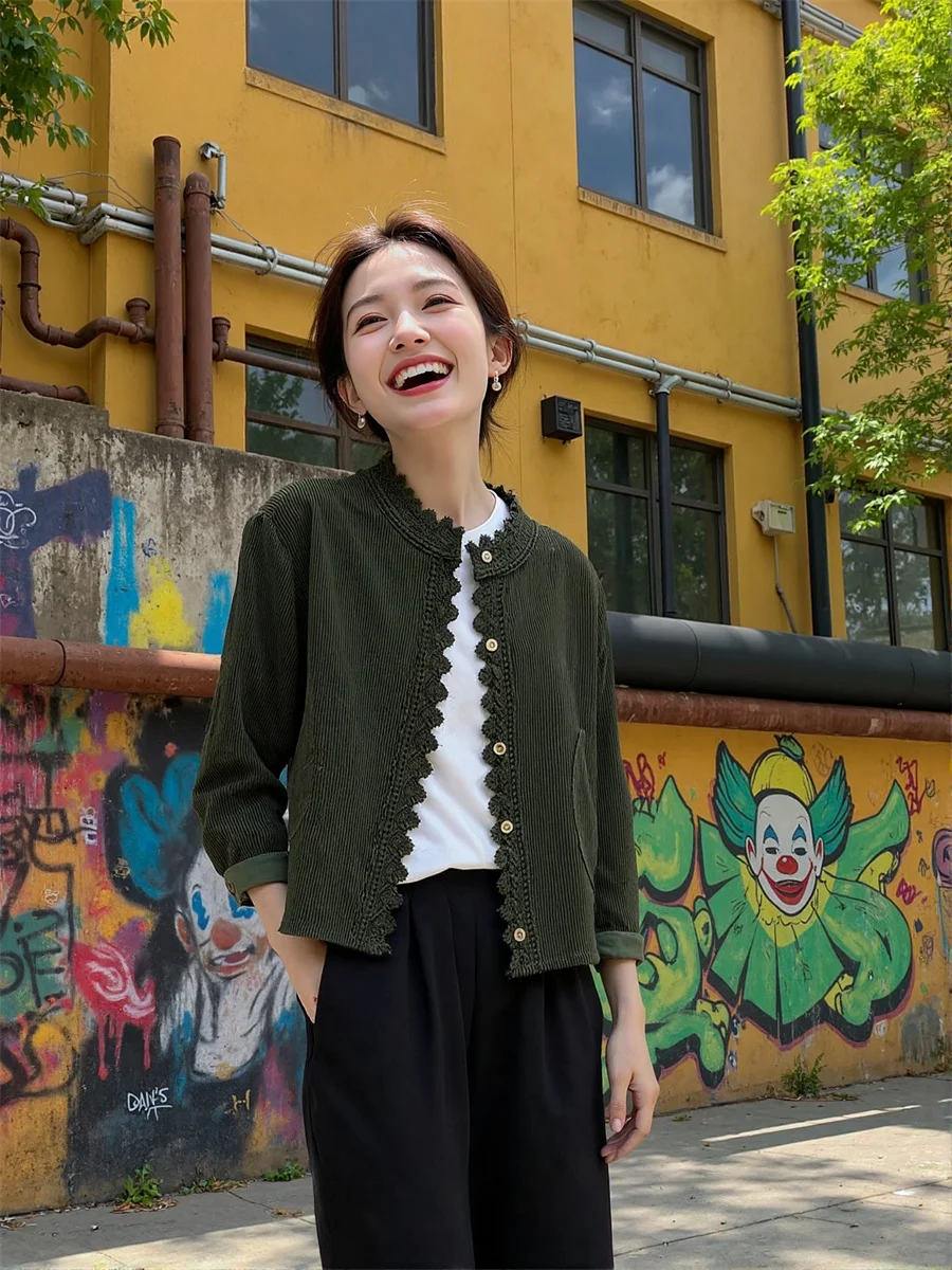 

Винтажные вельветовые жакеты с драпировкой для женщин: зимний топ, летний полосатый жакет на шнуровке, элегантный женский жакет с воротником-стойкой, дышащий, с начесом (шерпа)