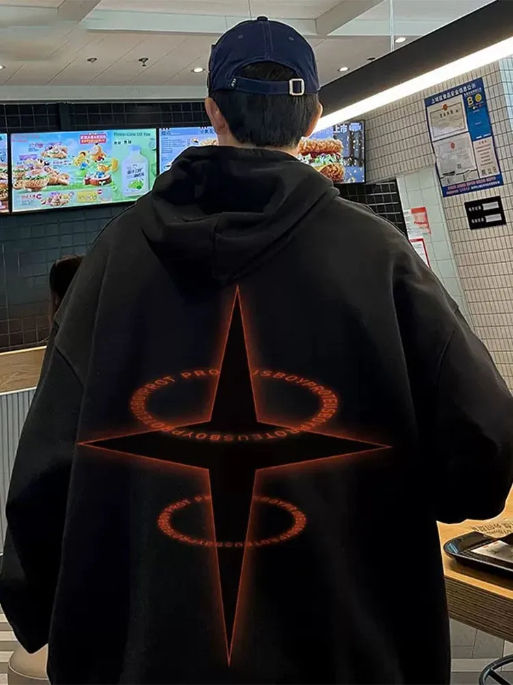 

Vintage American Faion Printed Hoodie Men's Ins Heavyweight Trendy Autumn Winter Fce Lined Top Coat Loose Fit Streetwear