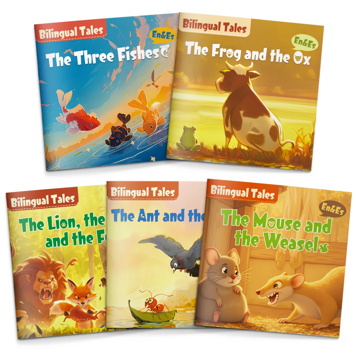 Englisch-Spanisch zweisprachige Tiermärchen für Kinder: Die drei Fische, Der Frosch und der Ochse – Vorlesebuch-Set