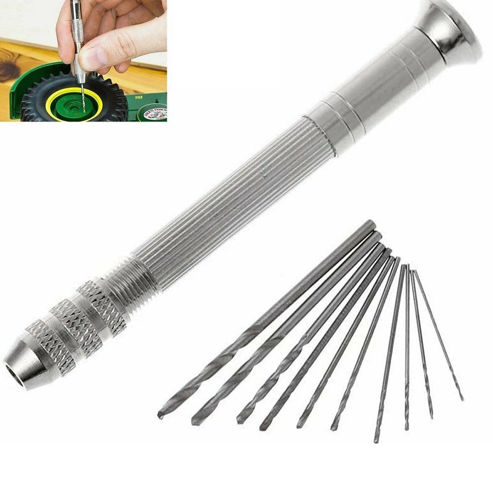 Trapano a mano in alluminio 0.8-3.0mm con mandrino autoserrante 10Pcs Mini trapano a torsione precisione Pin morsa lavorazione del legno strumento di perforazione rotante