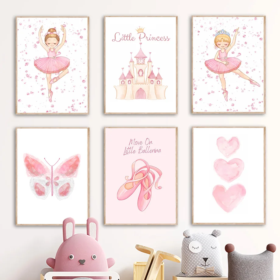 Pink Nursery Custom Girl Name Posters And Print Ballet Princess Shoes Butterfly Castle Wall Art Canvas Painting Kids Room Decor