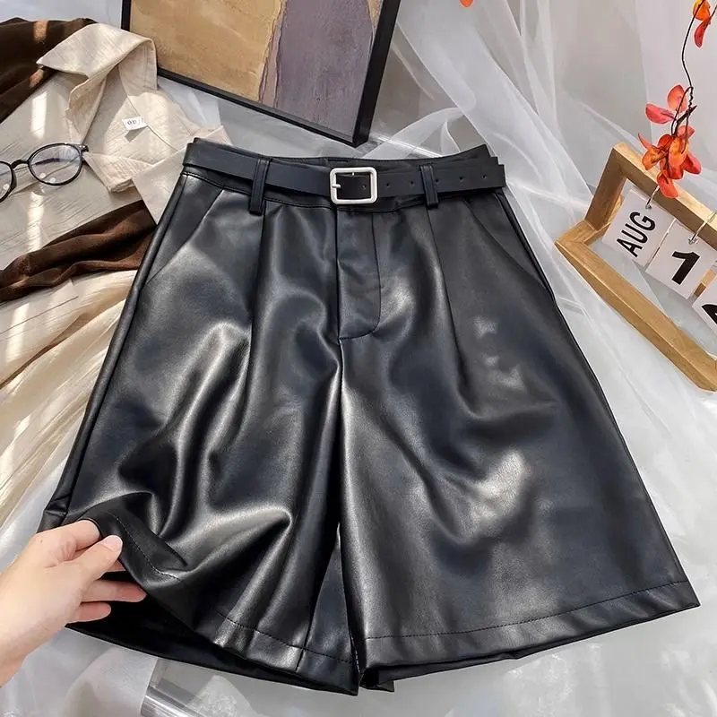 Women Shorts PU Leather Autumn Vintage BF Unisex Loose Wide Leg Bottoms British Stylish Chic Streetwear High Waist Smooth Simple