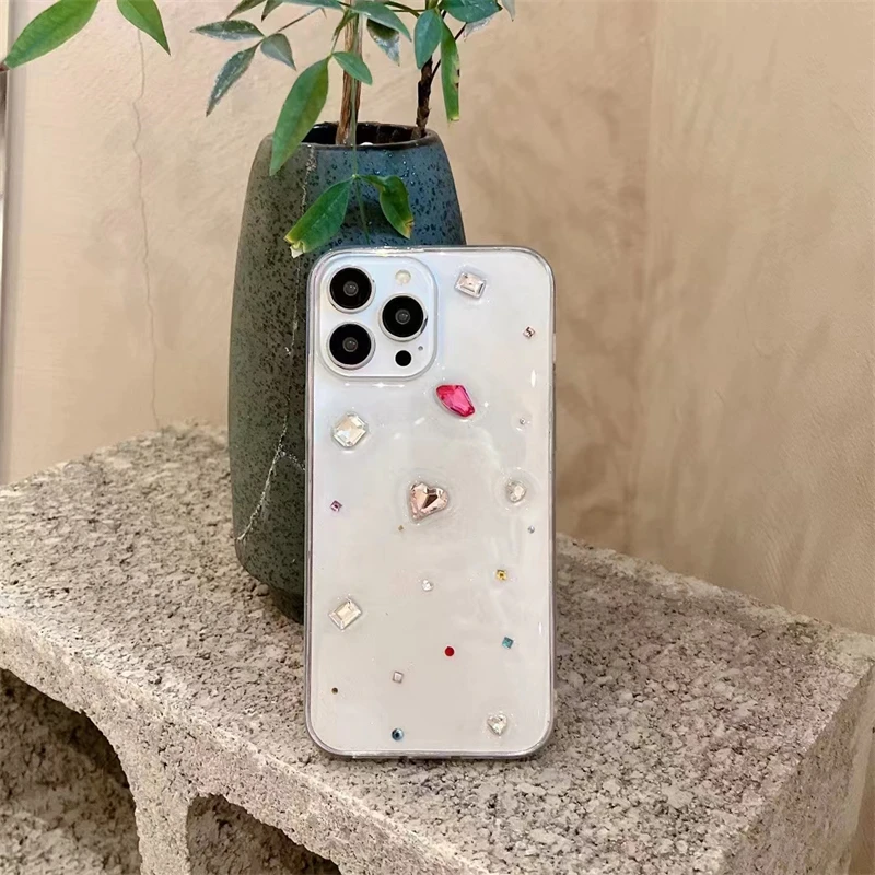 INS Color diamonds Transparent Phone Case For iPhone 15 14 13 12 11 Pro Max X XS Max XR Shining Epoxy Soft Shockproof Back Cover