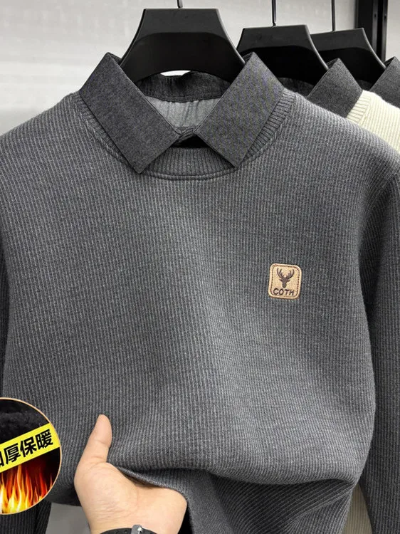 

Мужской свитер с воротником-стойкой, имитация двухслойного трикотажа, высококачественный, теплый, повседневный, деловой, из полиэфирного волокна, зимний