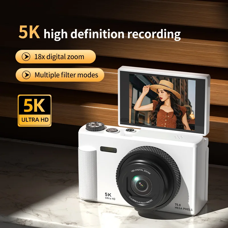 

Камера 5K Ultra HD Retro CCD с 75 МП, 18-кратным цифровым зумом, поворотным экраном, фильтром для улучшения изображения и функцией стабилизации изображения для студентов, видеоблогинга и фотографии