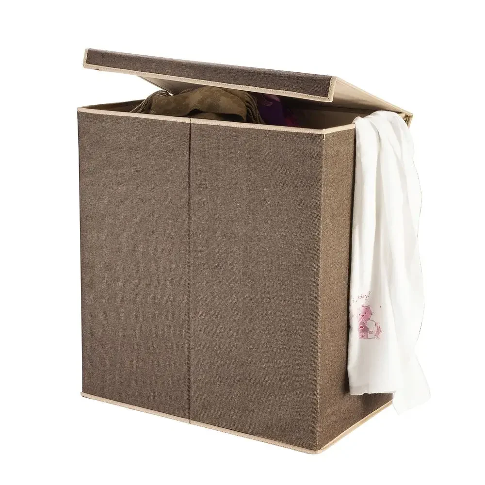 Double Compartment Rectangular Laundry Hamper Collapsible Brown Canvas Basket with Lid