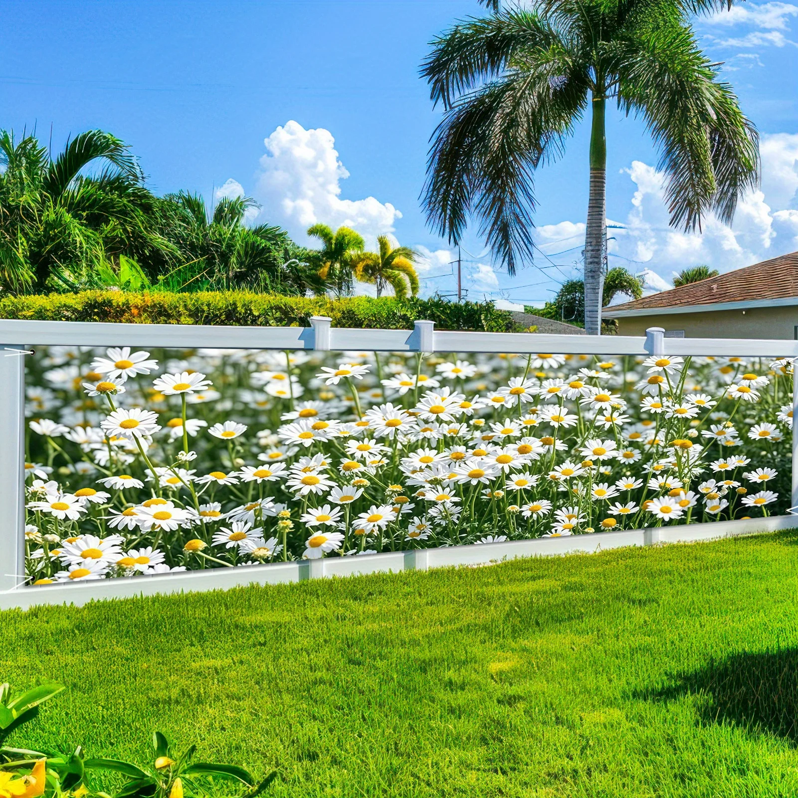 1 banner for a vibrant daisy garden party in spring/summer theme, with realistic flower design. Suitable for home decoration.