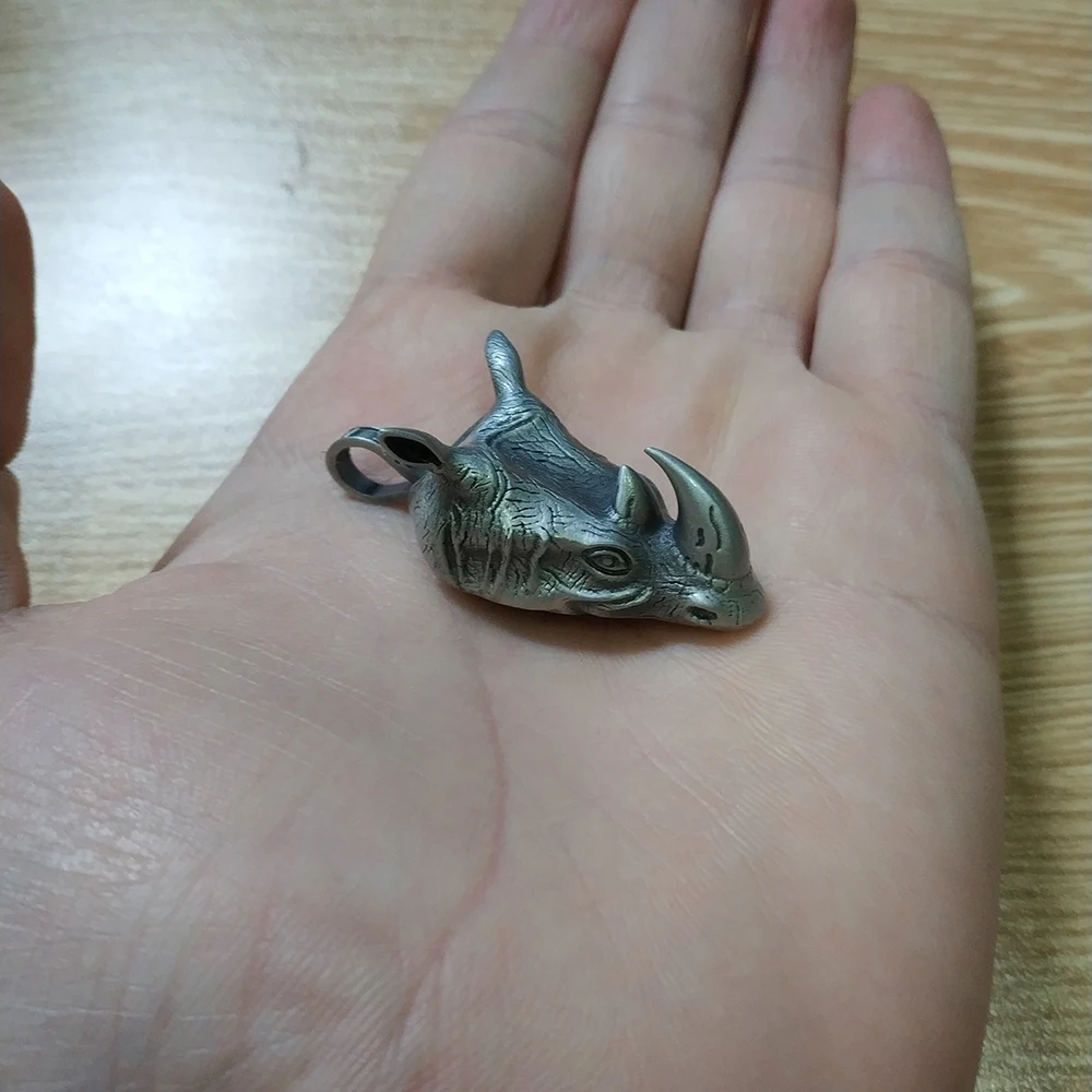 Pure Tin Wild Rhino Head Pendant Men's Domineering Retro Necklace Animal Personality With 60 Cm Titanium Steel Long Chain