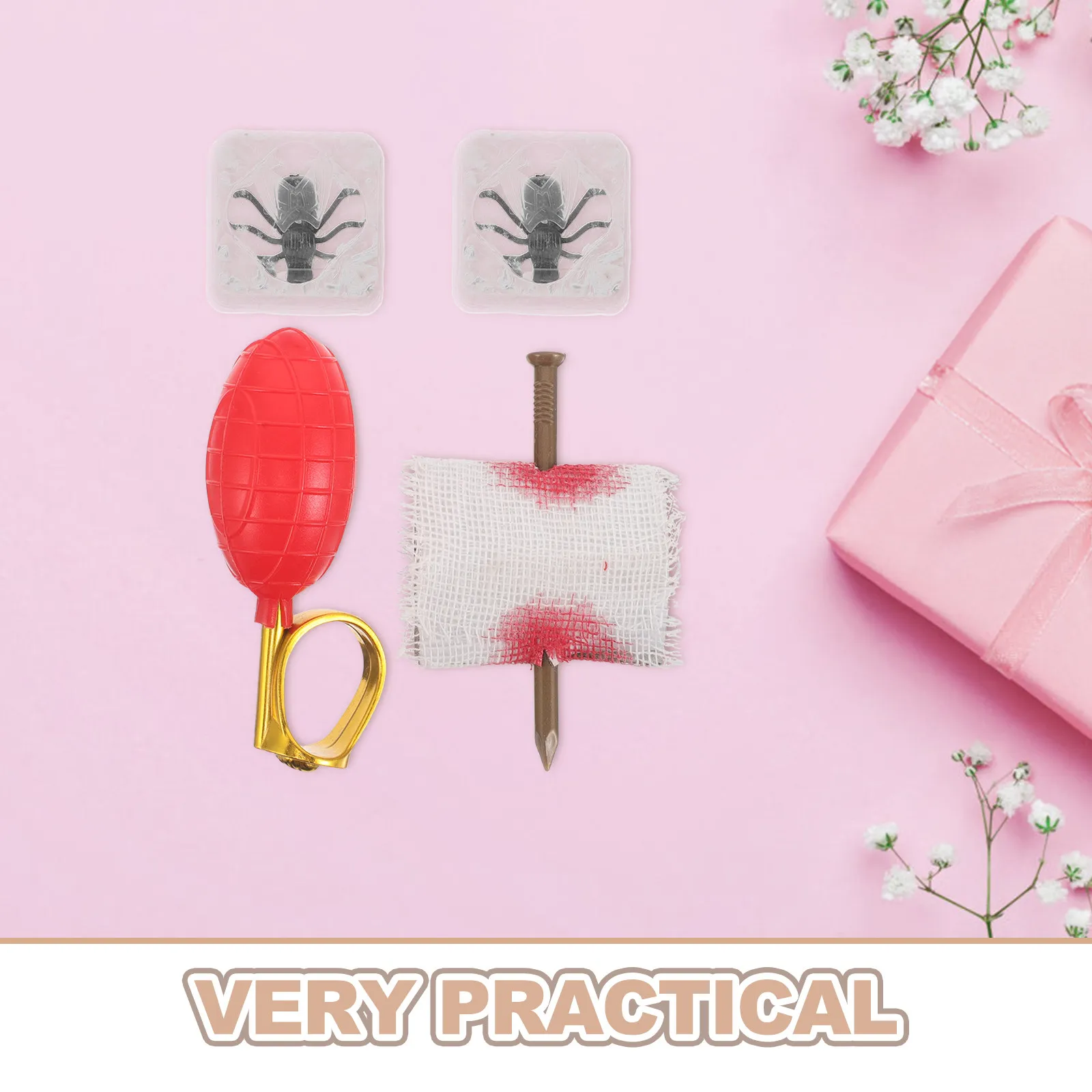 4Pcs Funny Prank Props Kit Water Squirt Rings Nail Through Finger Simulation Spider Ice Cubes Carnival Scary Party Favors