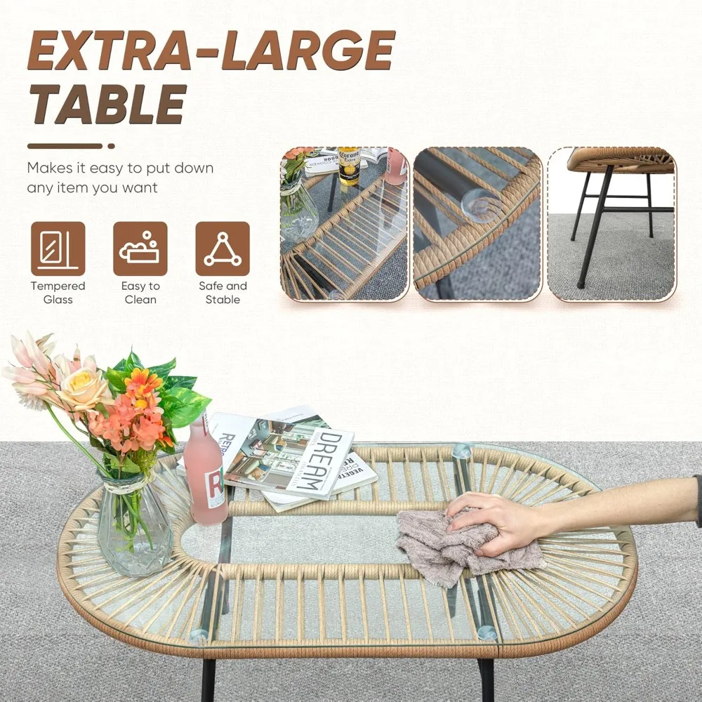 L-Shaped Outdoor Sectional Sofa Set with Cushions and Patio Table, Rope Woven for Conversation Area