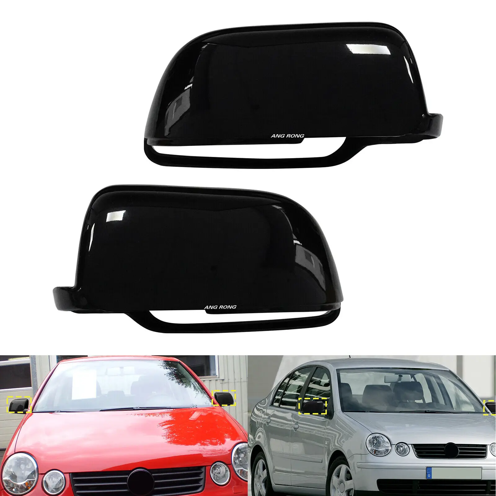 Gloss Black Wing Door Mirror Cover Caps Casing Left+Right For VW Polo 9N 2002-05