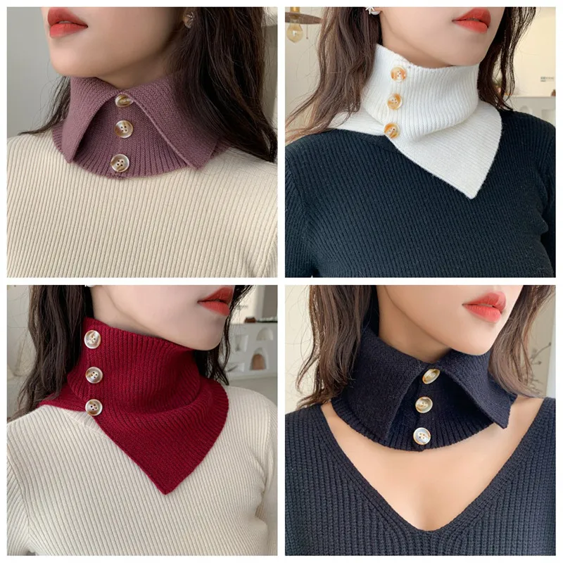 

Knitted Button Fake Collar Pullover Scarf for Women Solid Shirt Blouse Sweater Detachable Collars Decoration Neck Scarves