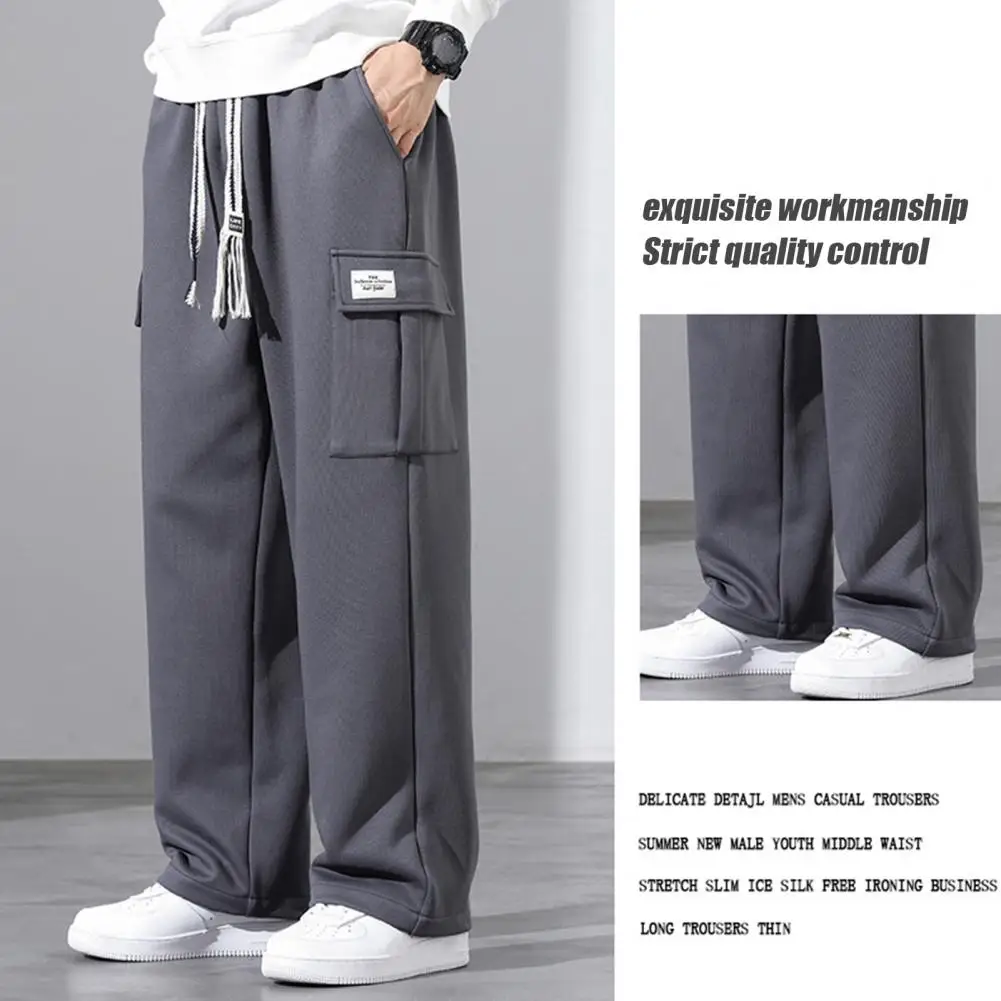 

Casual Men Pants Men's Drawstring Elastic Waist Sport Trousers with Multi Pockets for Daily Wear Loose Fit Straight Leg for Fall