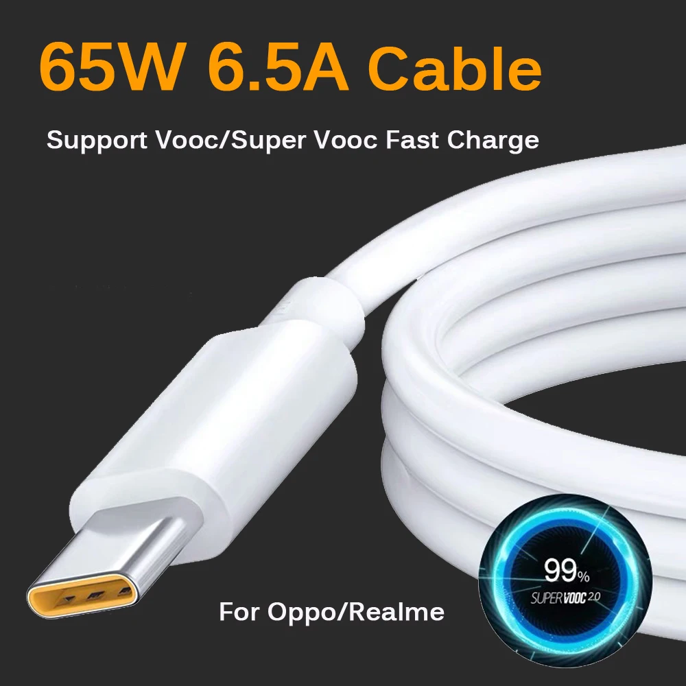 65W 6.5A USB Type C Super-Fast Charge Cable Super Vooc Dart Cord for Realme 9i 9 Pro 8 7 X7 X50 GT GT2 OPPO Find X5 X3 N Reno 7