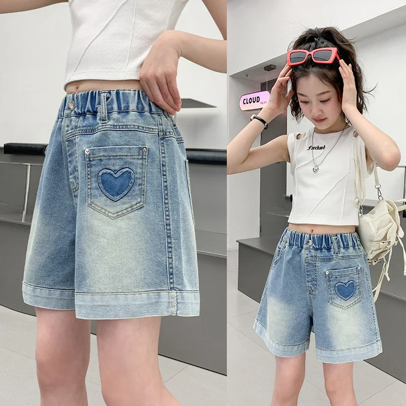 New Summer Children Denim Shorts with Heart Pocket High Fashion Kids Girl Heart Jeans Shorts Age 5 6 7 8 9 10 11 12 13 14 Years