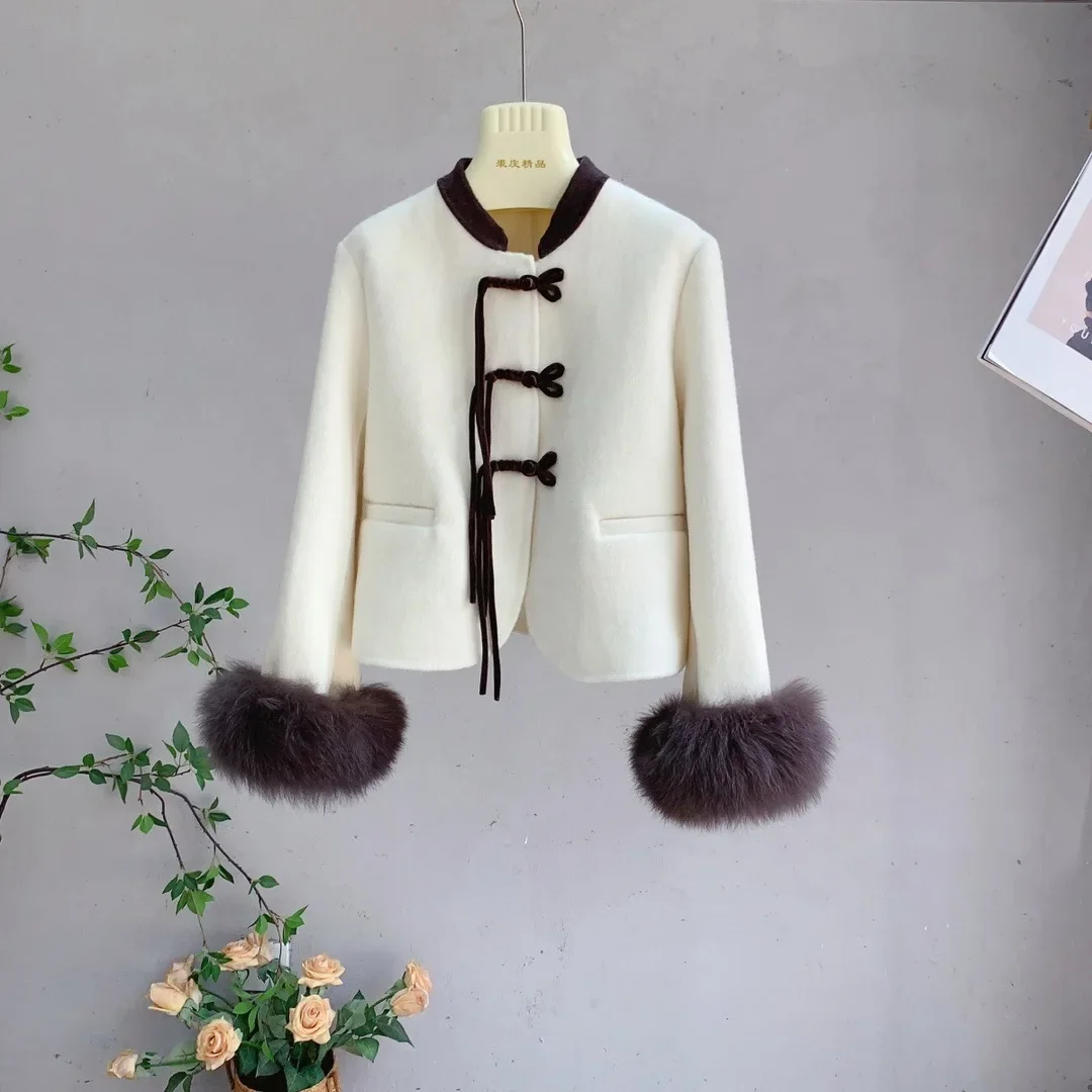 

2024 New Autumn Winter Women Chinese Style Slim Lady Woolen Real Fox Fur Cuff Short Jacket Long Sleeves Female Luxury Coat