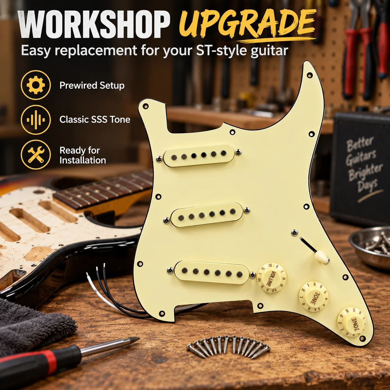 SSS Prewired Pickguard Loaded Pickup Set for ST Style Electric Guitar, 3 Single Coil Pickups, 5-Way Switch, 1 Volume 2 Tone