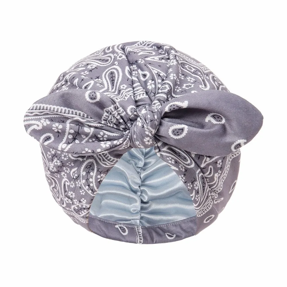 Satin Lined Bandana Turban Hat Rabbit Ear Bow Knot Multi-Color Hair Cover Bonnet Paisley Print 1PC Pre-Tied Head Wrap For Women