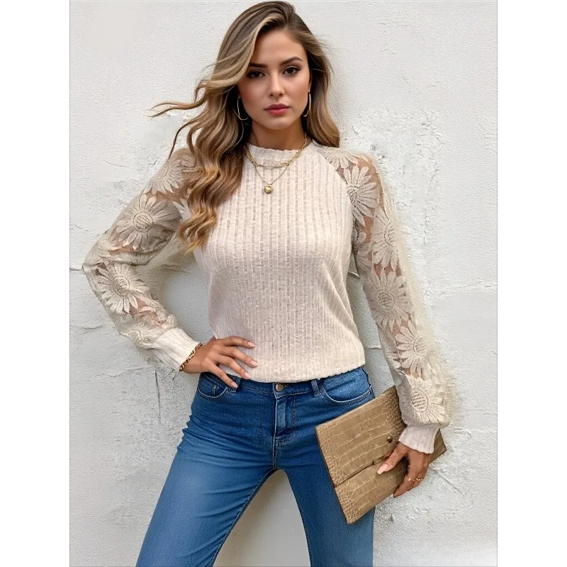 

Apricot O Neck Lace Hollow Out Long Sleeved Women's Casual Clothing Spring Autumn Elegant Comfortable Commuting Pullover Top New